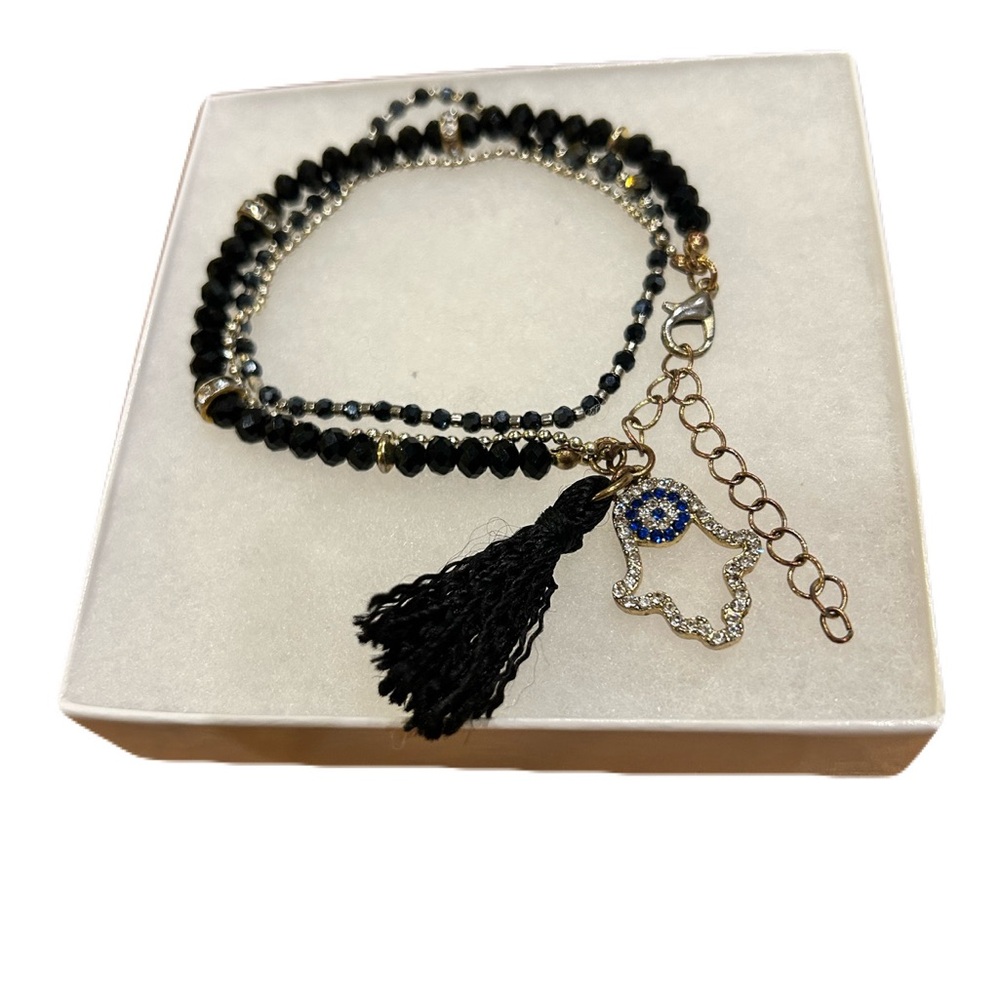 2 Black Crystal Beaded Bracelets with Hamsa Hand and Silver & Gold Accents